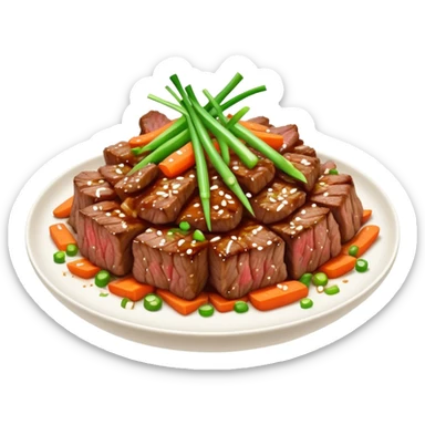 Cinematic Realistic Bulgogi Dish Emoji, featuring tender, marinated beef stir-fried with vegetables rendered with dynamic textures and mouth-watering lighting. sticker