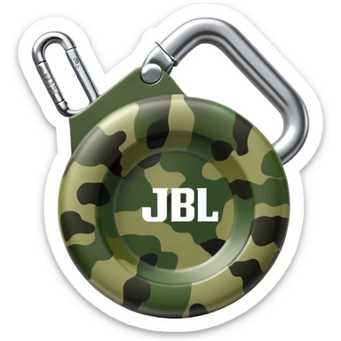 Ultra minimal JBL Clip 4, extremely simplified circular shape with tiny carabiner, just a few green camo spots, small JBL logo, iOS emoji style sticker