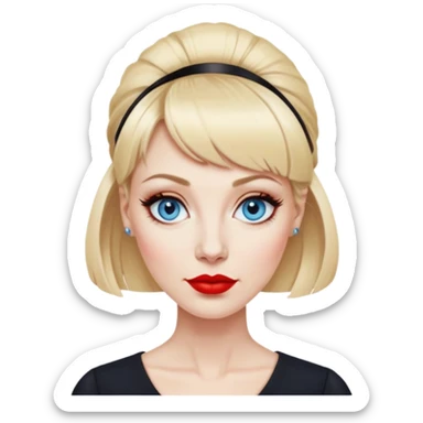 Woman in her early 50s with pale skin, wider face, blue eyes with eyeliner, thin eyebrows, red lipstick, blonde updo hair with bangs, wearing a black top sticker