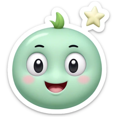 A cute, light green animated character with big round black eyes, a small white mouth, and rosy cheeks. The character has a unique upward-curving white tuft on its head. It stands against a soft pastel green background with a small white star to its left.  sticker