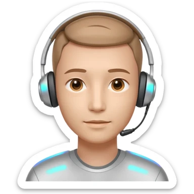 AI Call Agent holo-human-like Cyber AI face, warm, calm and friendly. Holographic look.Soft AI face with a listening, welcoming expression, minimal facial lines, calm eyes. Light headset. Man. sticker