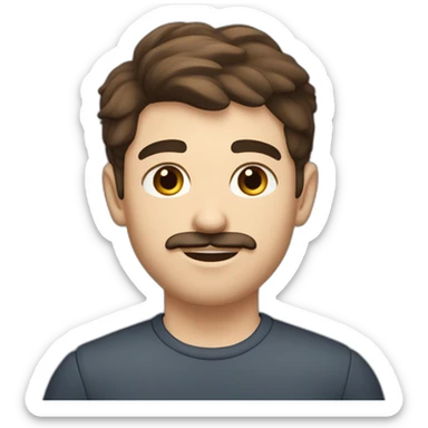 A young Caucasian man with dark brown eyes, almond-shaped eyes, short dark brown hair, and a small dark brown beard with a more prominent mustache. sticker