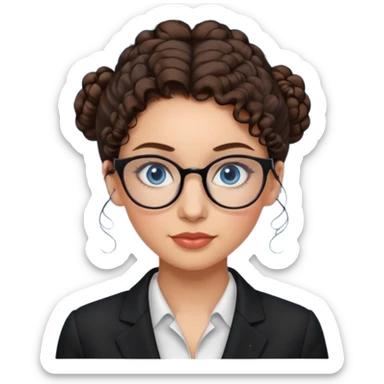 a woman, 30 years old, light skin with dark brown curly hair in a bun with some face framinig pieces. eyeglasses. Black suite on. blue eyes. sticker