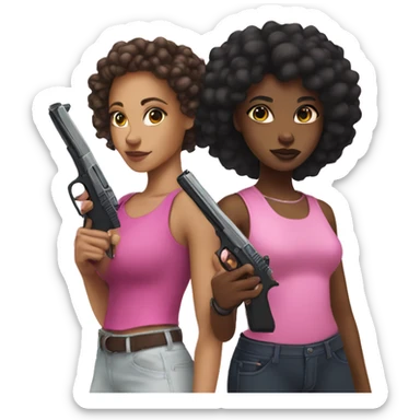 lightskin girl and black girl holding a pink guns sticker