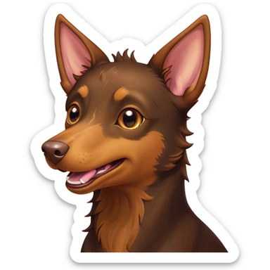 Cinematic Comical Brown and Tan Kelpie Portrait Emoji, Head tilted dramatically with an exaggeratedly amused expression, featuring a striking brown Fur with bold tan accents, wide, expressive warm eyes filled with playful disbelief, Simplified yet hilariously expressive features, highly detailed, glowing with a slightly sassy glow, high shine, dramatic yet playful, stylized with an air of cheeky mischief, bright and endearing, soft glowing outline, capturing the essence of a spirited and over-the-top herder, so meme-worthy it feels like it could side-eye its way into internet fame instantly! sticker