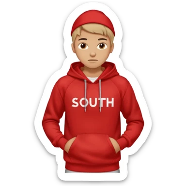 make me an emoji of an americain 19 yearold boy in a red hoodie that says "south" on it and give him with tan skin with his hands in his hands in his pocket not grining flexing his muscles sticker