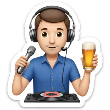a middle aged white male radio presenter, with short brown hair and slightly unshaven, wearing headphones, speaking into a microphone, with a beer in his right hand and vinyl record in his left hand sticker