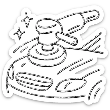 hand-drawn outlined icon of a polishing machine on a black car hood, silver details, reflection and soft shine waves, clean and modern sticker