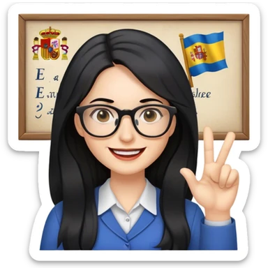 pale female teacher with long black hair, wearing glasses teaching Spanish sticker