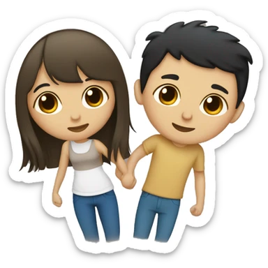 Tan skin girl with black hair and bangs, white skin boy with blonde hair and blue eyes, kissing sticker