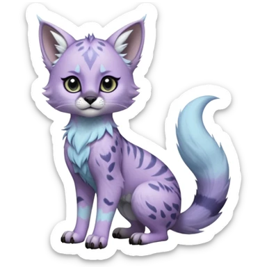 Cute kawaii cool edgy badass  pale frost-lavender fur with shimmering icy highlights fantasy-caracal-civet-genet-sergal-vernid-Gryphon-Cacomistle-Trico-oncilla-animal-Fakémon-hybrid-fursona (full body), facial markings, (realism style) sticker