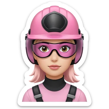 pink power ranger, woman emoji, with helmet on, black visor eye protection sticker