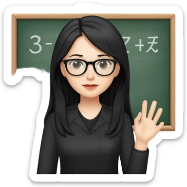 pale female teacher with long black hair, wearing glasses and black shirt teaching sticker