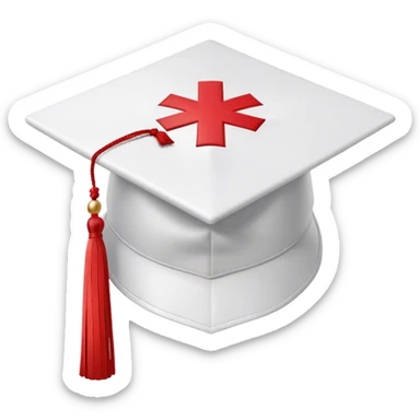  white medical graduation cap (mortarboard) with a red cross symbol in the center. The cap has a flat, square top and a slightly curved brim. A red tassel hangs from one corner, gently swaying. The design is clean and professional, symbolizing a medical graduate. The background is plain white sticker