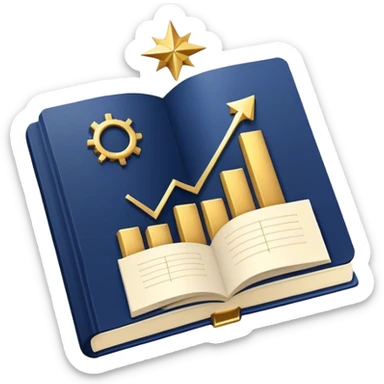 A navy blue productivity book with gold details, chart with upward trend aura, radiating productivity, strategy, and success in motion- sticker