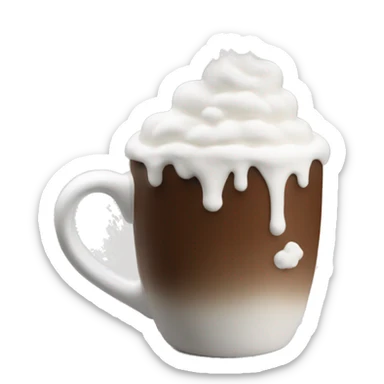 “A white ceramic mug filled with hot chocolate, topped with whipped cream and small clouds of steam rising.  sticker