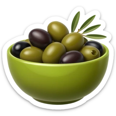 olives object icon, black and green olives in a small bowl, glossy look, 3D cartoon, mobile game icon style, clean background, no text, no watermark
 sticker