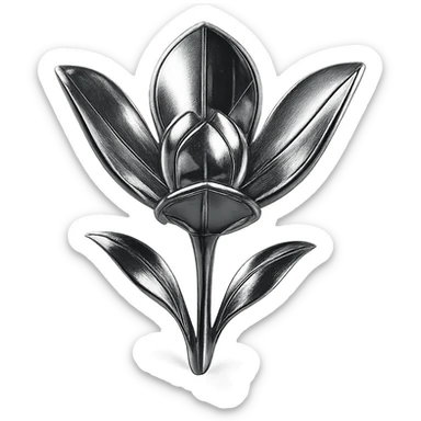 chrome style flower with three metallic petals emerging from the ground, highly reflective and polished sticker
