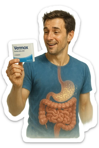 A realistic, cinematic illustration of a man in his late 30s holding a small white box of ‘Vermox’ (mebendazole) in one hand, with a relieved and hopeful expression on his face. Behind him, a semi-transparent overlay shows his digestive tract where small, symbolic worm-like parasites are dissolving and disappearing, indicating the medication’s effect. The environment is clean and bright, with a medical yet hopeful tone, conveying the concept of effective parasite removal. Subtle blue and green tones symbolize cleansing and health restoration, while the man appears energized and ready to reclaim his well-being sticker