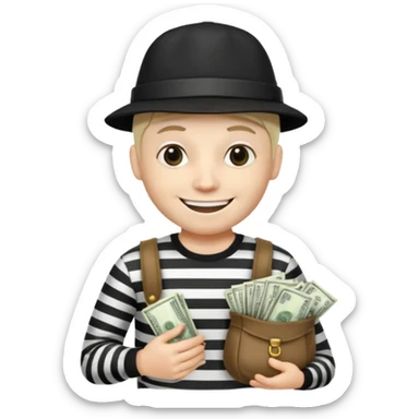 robber with 4 lines of black and white striped shirt and he has a money bag in his hand and a robber hat and he is smiling and he is whiteno money in his hand no money out of bag the bag is to the left  sticker