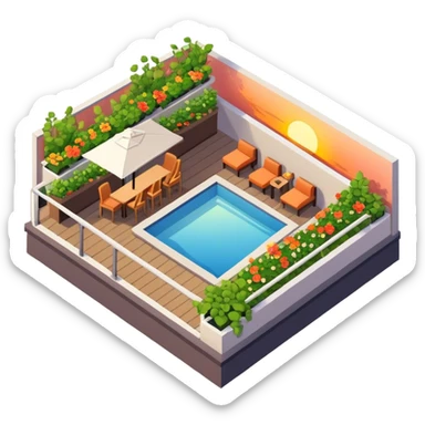 Hotel rooftop garden sunset bar, isometric exterior  sticker