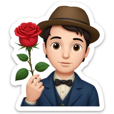 a romance novelist, romantic, dizzy, male, with a rose in hand sticker