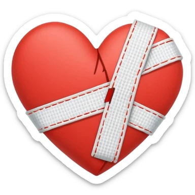 Minimalistic flat vector icon, iOS style, thin black contour on white background. Broken heart stitched together with a bandage. Clean, no text, no shadows. sticker