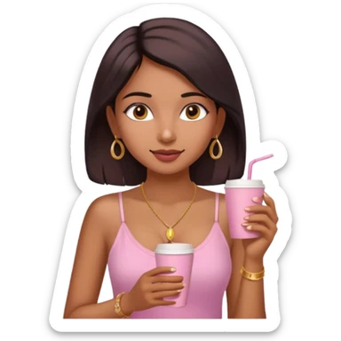 a pretty fair indian bratz girl with a pink cami top, drinking takeaway coffee, golden dainty necklace sticker