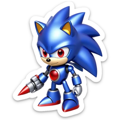 Metal Sonic robot hedgehog with red eyes, metallic blue body, and jet boosters sticker