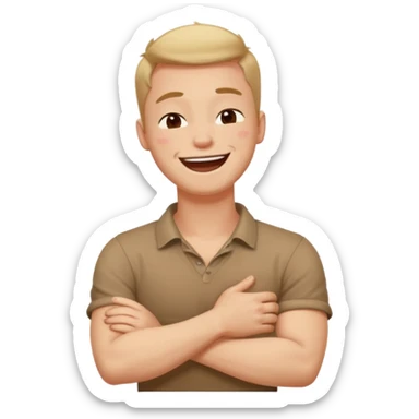 arms crossed holding neck laughing eyes closed guy sticker