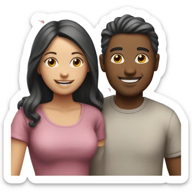 smiling couple in casual attire with bubbles and hearts around them sticker