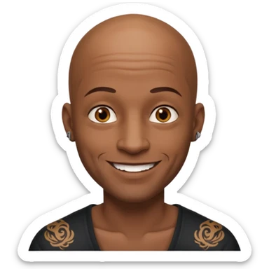 This is a cartoon-style avatar of a bald man with dark skin, golden-brown eyes, and facial tattoos, smiling with a friendly expression. sticker