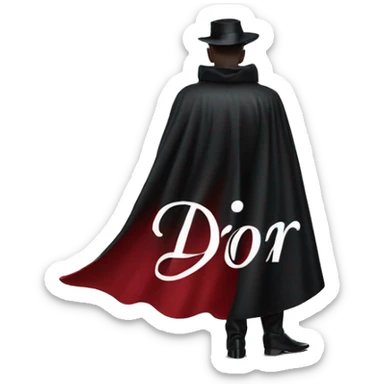 back profile of black magician, cape that says Dior, Dior logo on the cape sticker