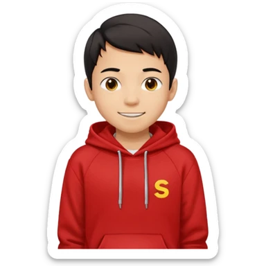 make me an emoji of an americain 15 yearold boy in a red hoodie that says "south" on it and give him with tan skin with his hands in his pockets with the sleevs pulled up grining with a jaw line sticker