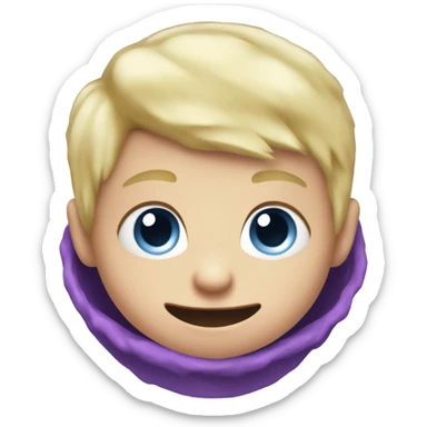 Little blonde hair blue eyed baby boy playing with a purple giant monster sticker