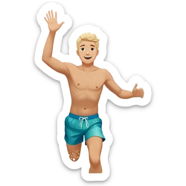 A white man running into the ocean with arms wide open, embracing the waves and the moment. The sun shines warmly, and the water sparkles, symbolizing the joy of creating fun and appreciating life’s simple moments. Their footprints in the sand fade as they fully immerse themselves in the present. sticker