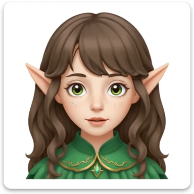 A young woman with medium length brunette wavy hair, with curtain bangs. Has pale ivory skin, rosy cheeks, and has freckles dusting the cheeks and nose. Has hazel green/gray eyes, and long elf ears. sticker