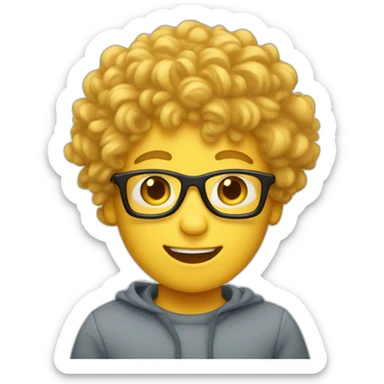a silly boy with black eyeglasses and curly yellow hair on topnot much hair and white skin sticker