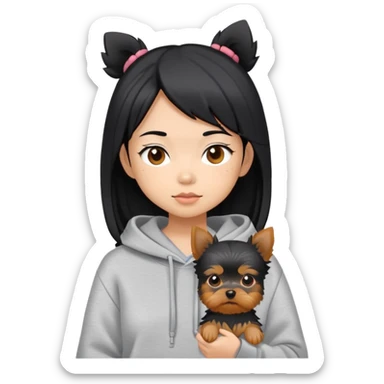 a black-haired asian girl wearing a grey hoodie with a yorkie  sticker