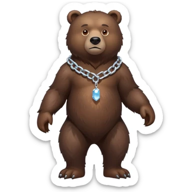 Dark brown bear in a slight walking pose, full body view on all four legs, realistic fur detail, serious expression, ice chain around neck sticker