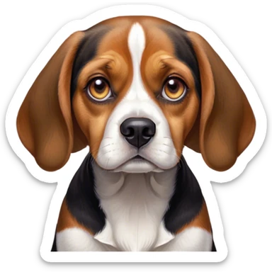 Cinematic Grumpy Beagle Portrait Emoji, Head tilted slightly with a deeply unimpressed expression, featuring a thick tri-color coat of white, brown, and black, large, droopy hazel eyes narrowed into an unamused glare, floppy ears slightly drooping in exasperation, Simplified yet comically expressive features, highly detailed, glowing with a dry, sarcastic glow, high shine, effortlessly judgmental yet dignified, stylized with a touch of cynicism, bright but brooding, soft glowing outline, capturing the essence of an eternally unimpressed yet endearing companion, so lifelike it feels like it could sigh heavily at you in disdain at any moment! sticker