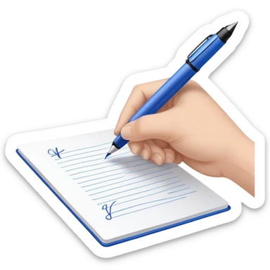 A hand holding a blue pen, writing an important note. Minimalist, modern style with clean lines and clear focus on the writing action sticker