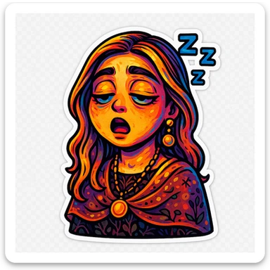 Create a cartoon sticker with a sleepy expression in the style of Flux Pro, with a transparent background. The style should reflect the vibrant and detailed characteristics of Flux Pro style. sticker