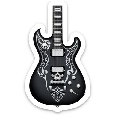 Create a dynamic and bold emoji representing the Dean VMNT AOD electric guitar (V-shaped model) inspired by Dave Mustaine's Angel of Death. The design should feature the sharp, angular 'V' shape of the guitar with a unique, striking graphic, including elements like dark skulls or angel wings to reflect the album's themes. Use bold colors like black with silver or gold accents, and add metallic details like chrome tuning pegs and pickups. The guitar should have a powerful, rebellious look, reflecting the heavy metal vibe. The background should be transparent. sticker