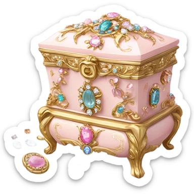 Pale Pink rococo style jewelry box filled with jewels and diamonds sticker