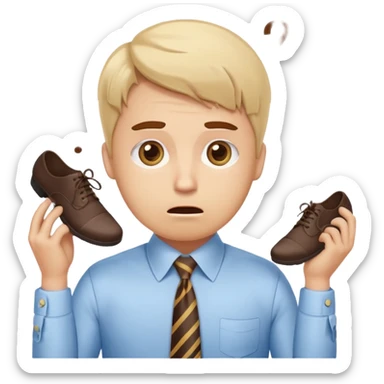 ordinary Russian office worker emoji, clumsy and confused face, 📎 stuck in hair, coffee stain on tie, one shoe untied, huge eyes with question marks, minimal emoji style, thick outlines, bright pastel colors, kawaii flat design sticker
