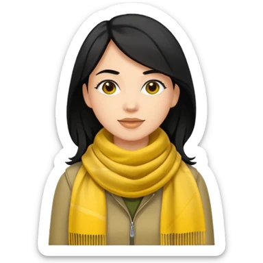 woman emoji with light skin and black hair, no earrings, no necklaces, no jewelry, wearing yellow Pathfinder scarf, apple emoji style, transparent background sticker