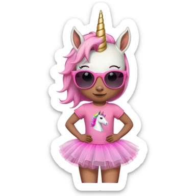 friendly anthropomorphised female unicorn with horse-like face, in tutu and pink t-shirt, wearing dark sunglasses, standard pose, close-crop head and shoulders sticker