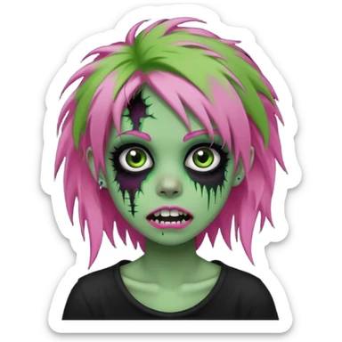 girl, green zombie, pink coily hair, medium long, emo, shaggy, dark, spooky, piercing on eyebrow, colourful teeth, creepy blank expression sticker