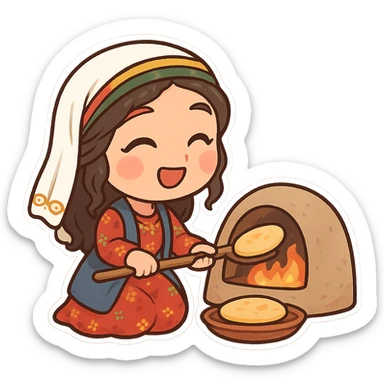 cartoon sticker of a Kurdish woman in traditional female clothing, happily baking bread in a rural clay oven, traditional and joyful scene, no text, suitable for WhatsApp and Instagram, transparent background sticker